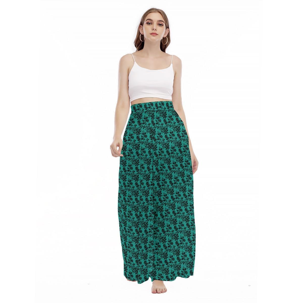 Teal Floral Wide Leg Pants, High Waist Botanical Resort Trousers