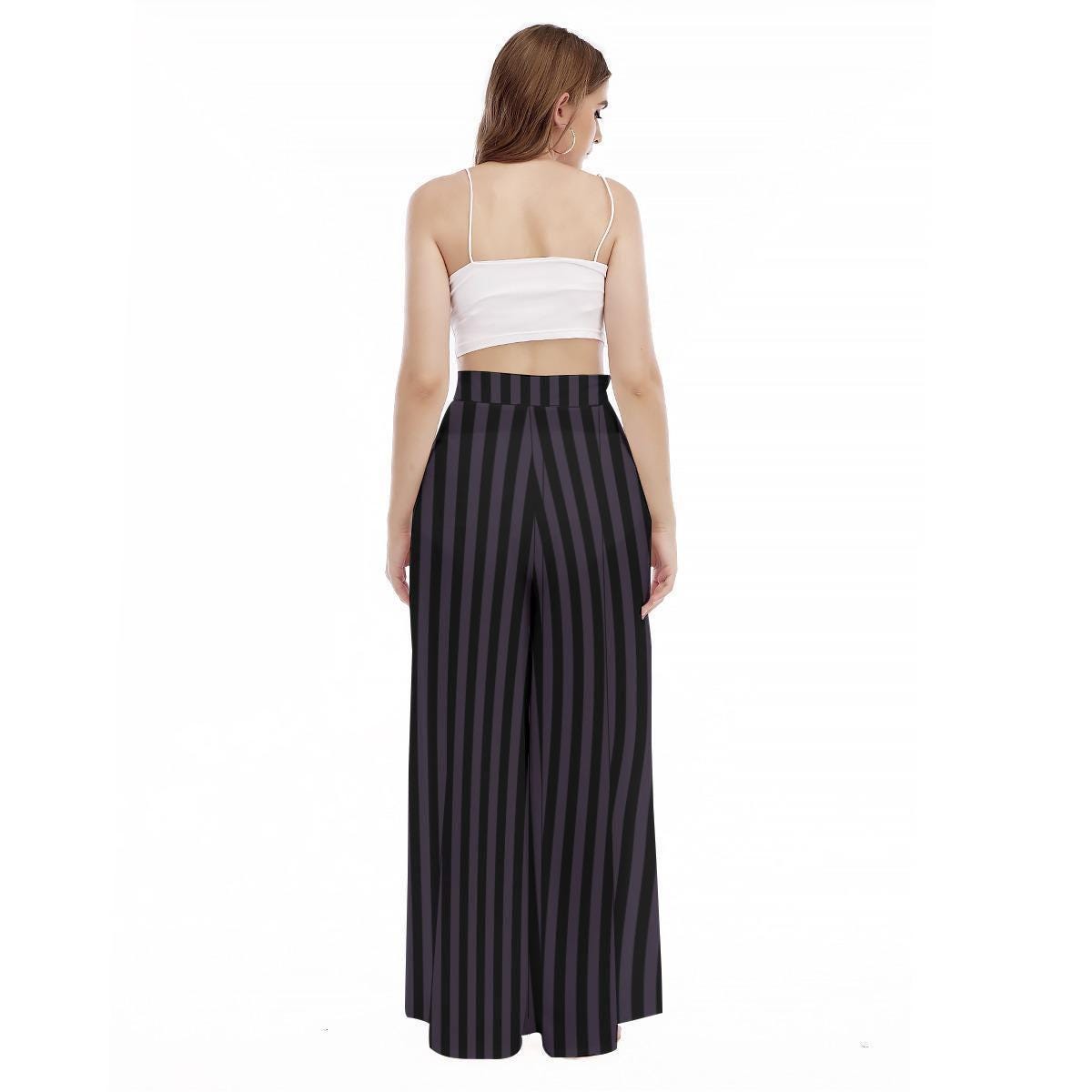 Black Purple Striped Wide Leg Lounge Pants, Goth High Waist Trousers