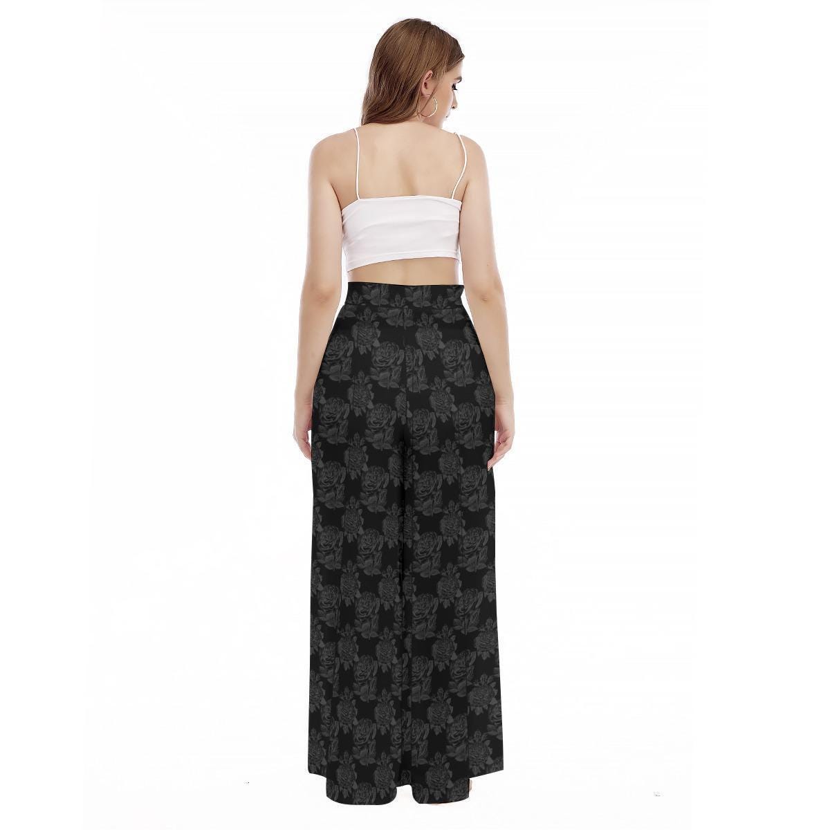 Black Rose Wide Leg Pants, Dark Floral Goth Trousers, High Waist Alternative Wear