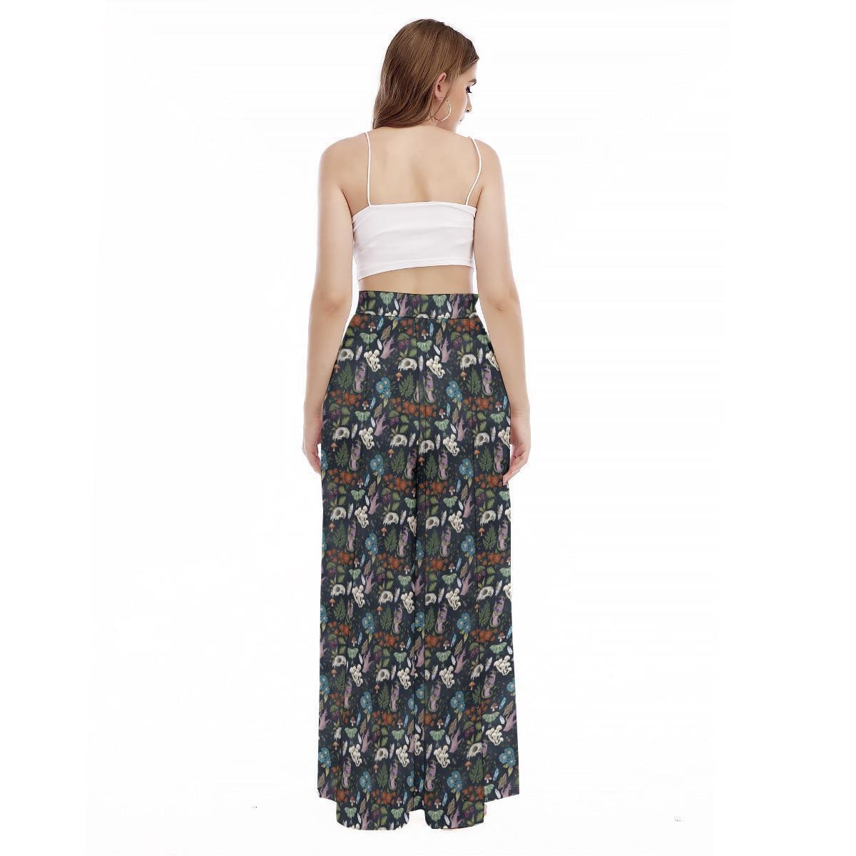 Woodland Wide Leg Pants, Dark Floral Cottagecore Trousers, High Waist Forest Boho Lounge Pants
