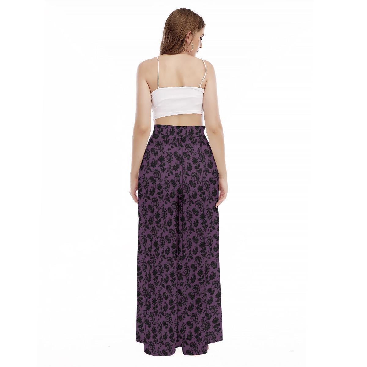 Purple Victorian Damask Trousers, Gothic Floral Wide Leg Pants, Dark Academia Lounge Bottoms