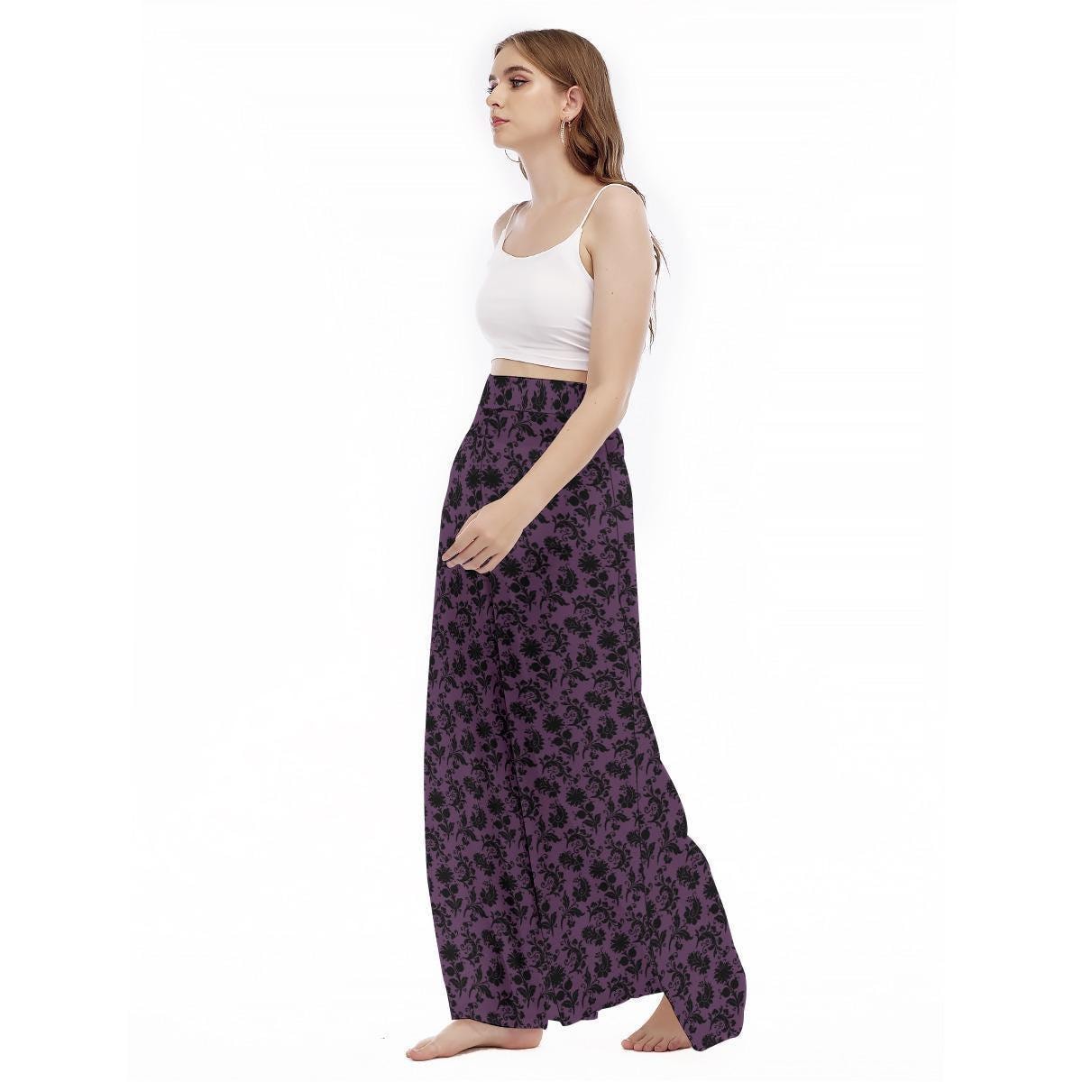 Purple Victorian Damask Trousers, Gothic Floral Wide Leg Pants, Dark Academia Lounge Bottoms