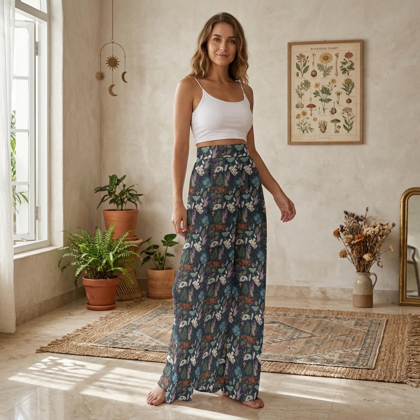 A woman wearing a white crop top and a long, colorful floral skirt stands in a room with potted plants and a framed botanical chart on the wall.