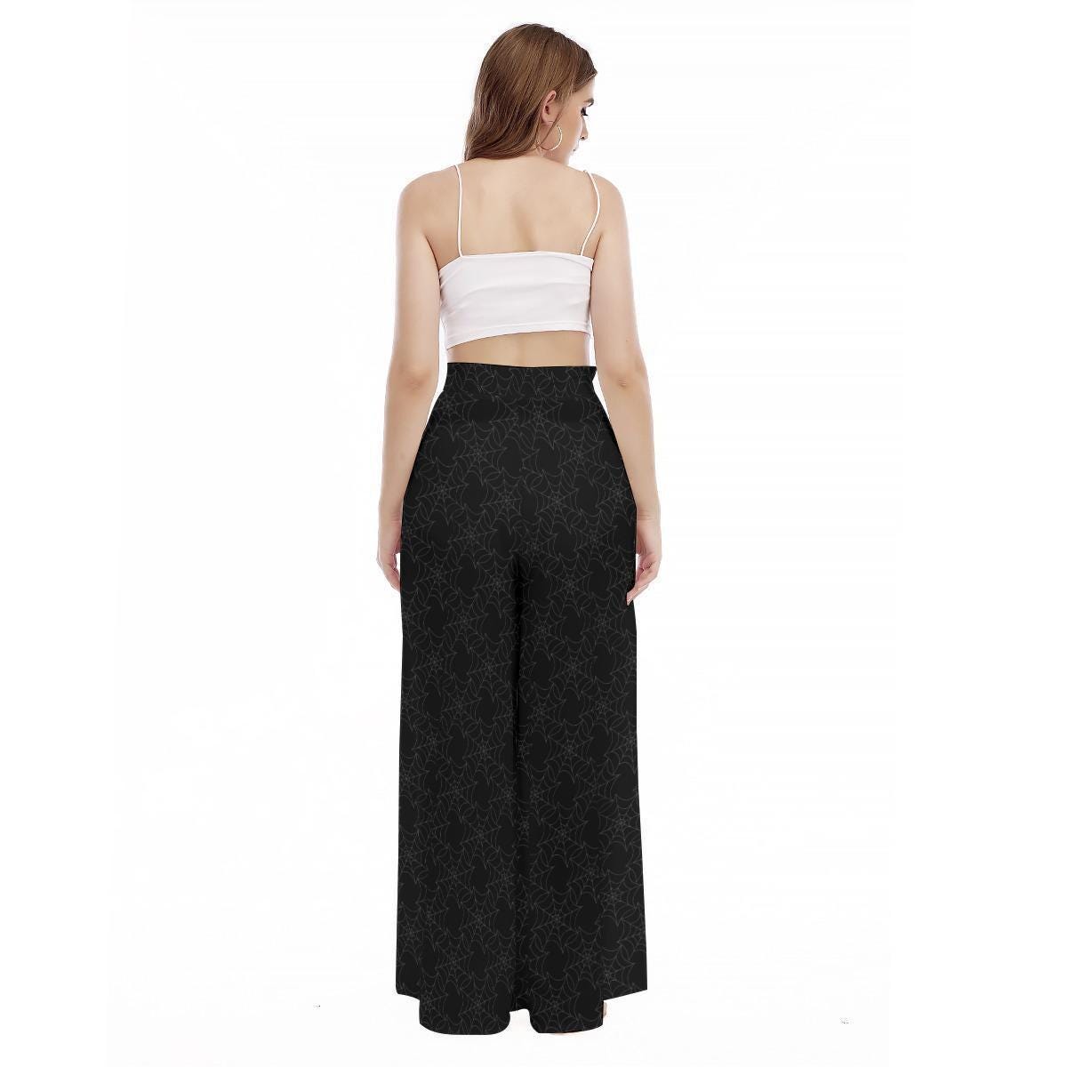Spider Web High Waist Wide Leg Pants, Gothic Black Halloween Trousers