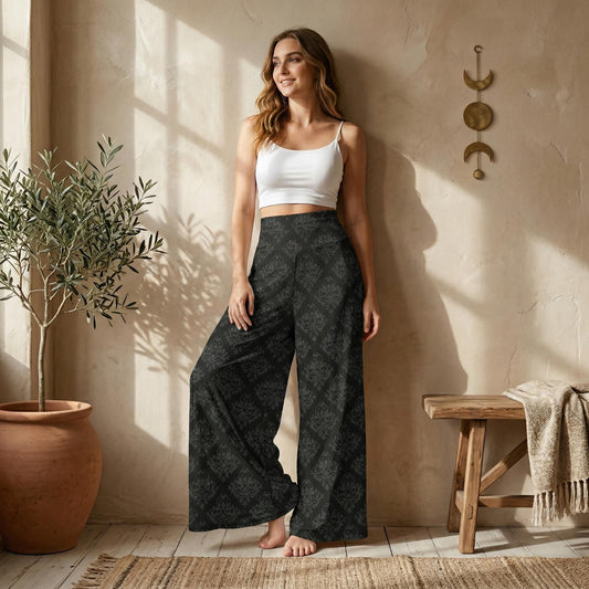 Black Damask Wide Leg Pants, Victorian Inspired High Waist Trousers