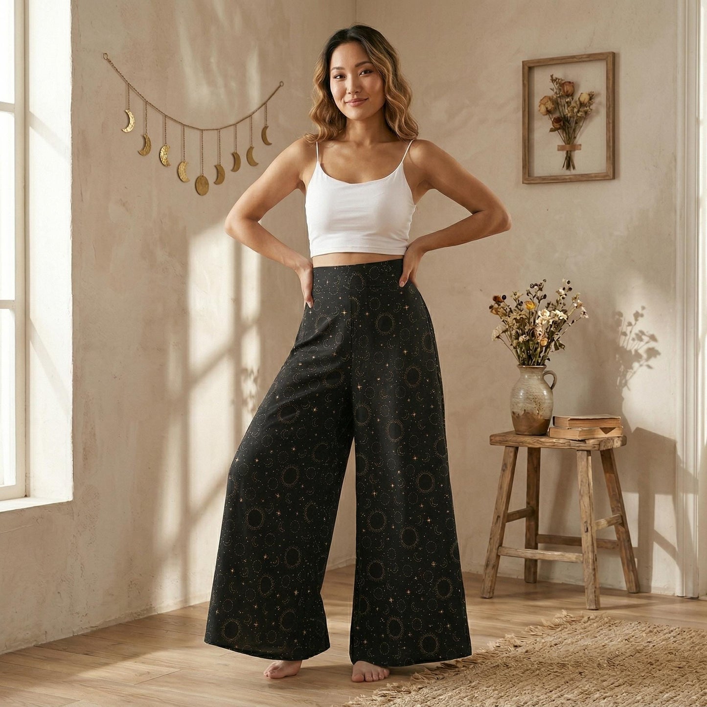 Celestial Wide Leg Pants, High Waisted Moon Star Print Trousers, Boho Resort Wear