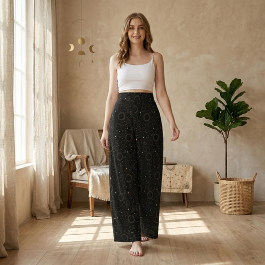 Celestial Wide Leg Pants, High Waisted Moon Star Print Trousers, Boho Resort Wear