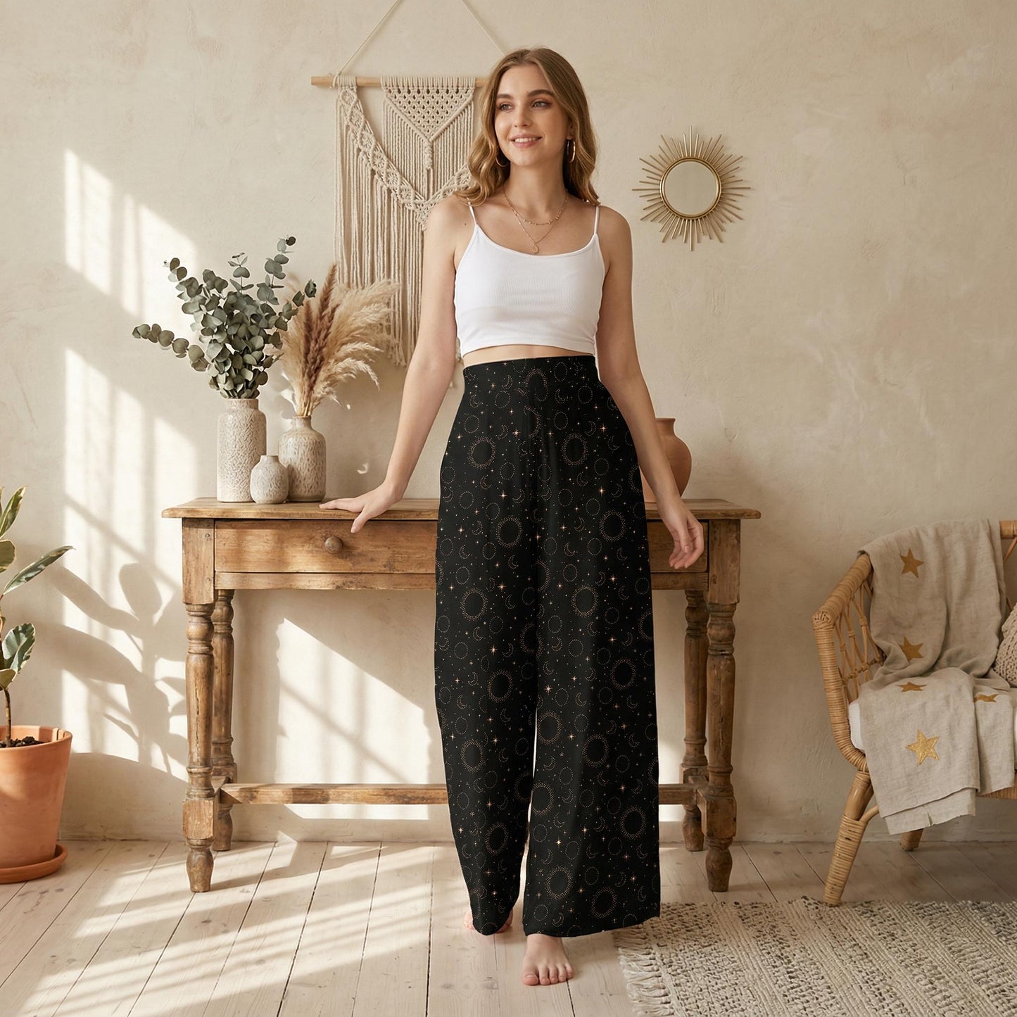 Celestial Wide Leg Pants, High Waisted Moon Star Print Trousers, Boho Resort Wear