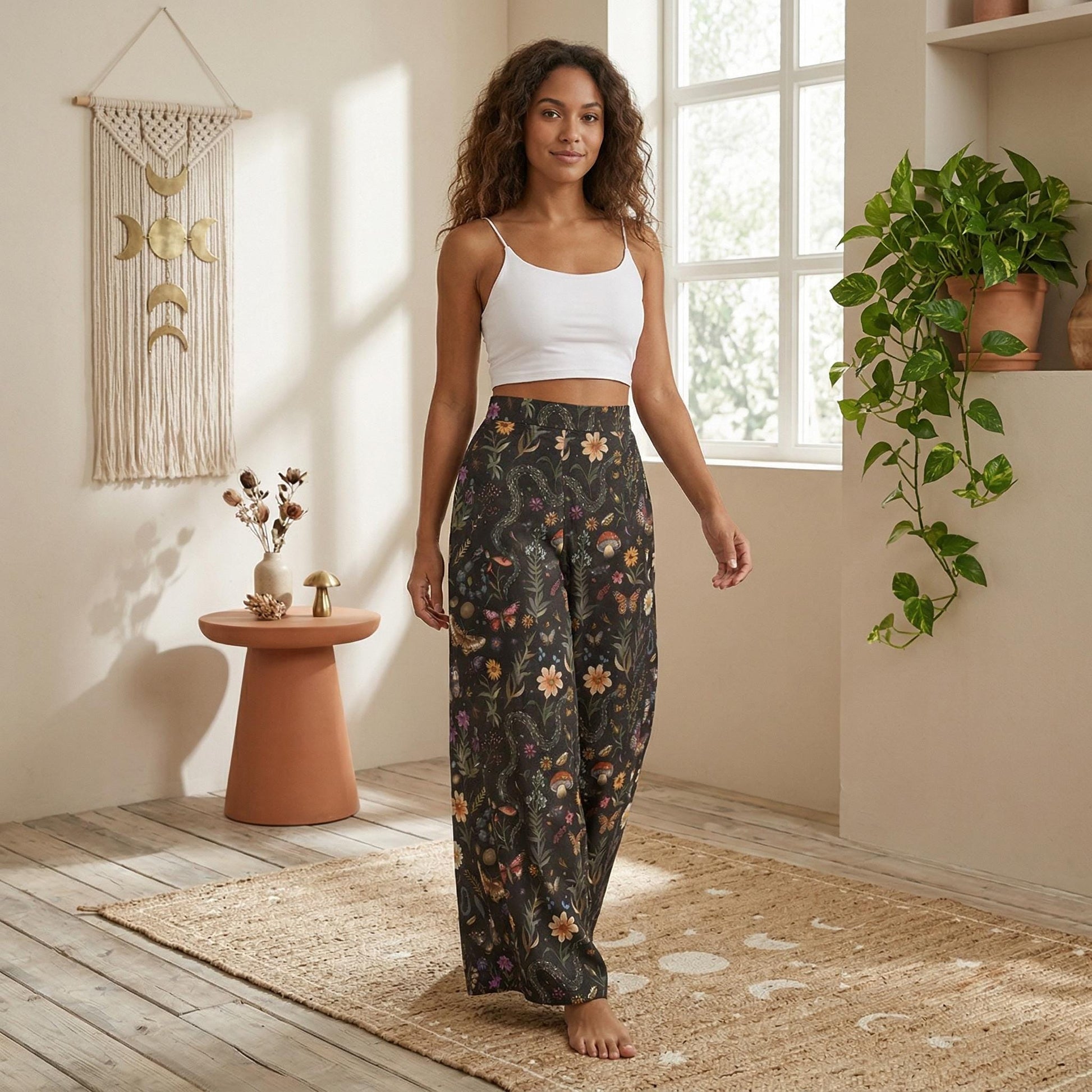 Dark Botanical Wide Leg Pants, Cottagecore Mushroom Butterfly Trousers