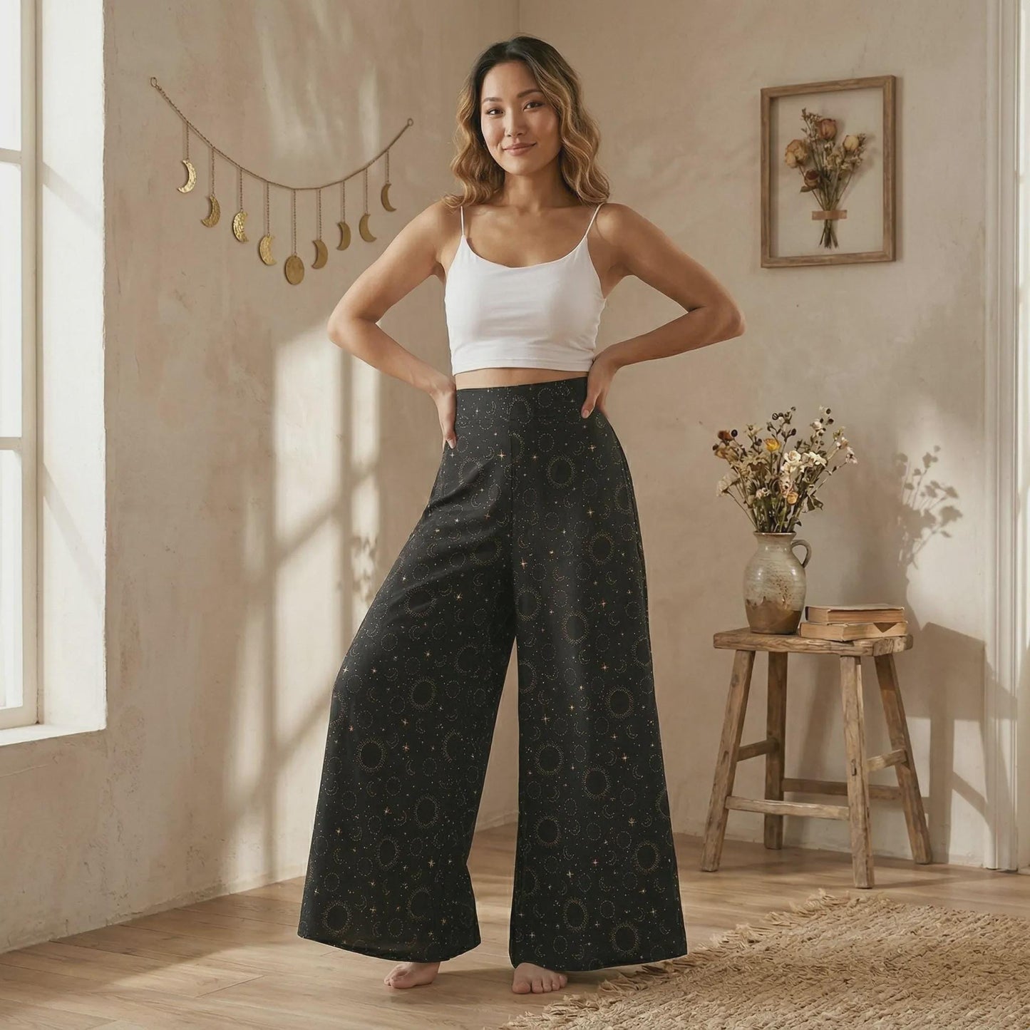 Celestial Wide Leg Pants, High Waisted Moon Star Print Trousers, Boho Resort Wear