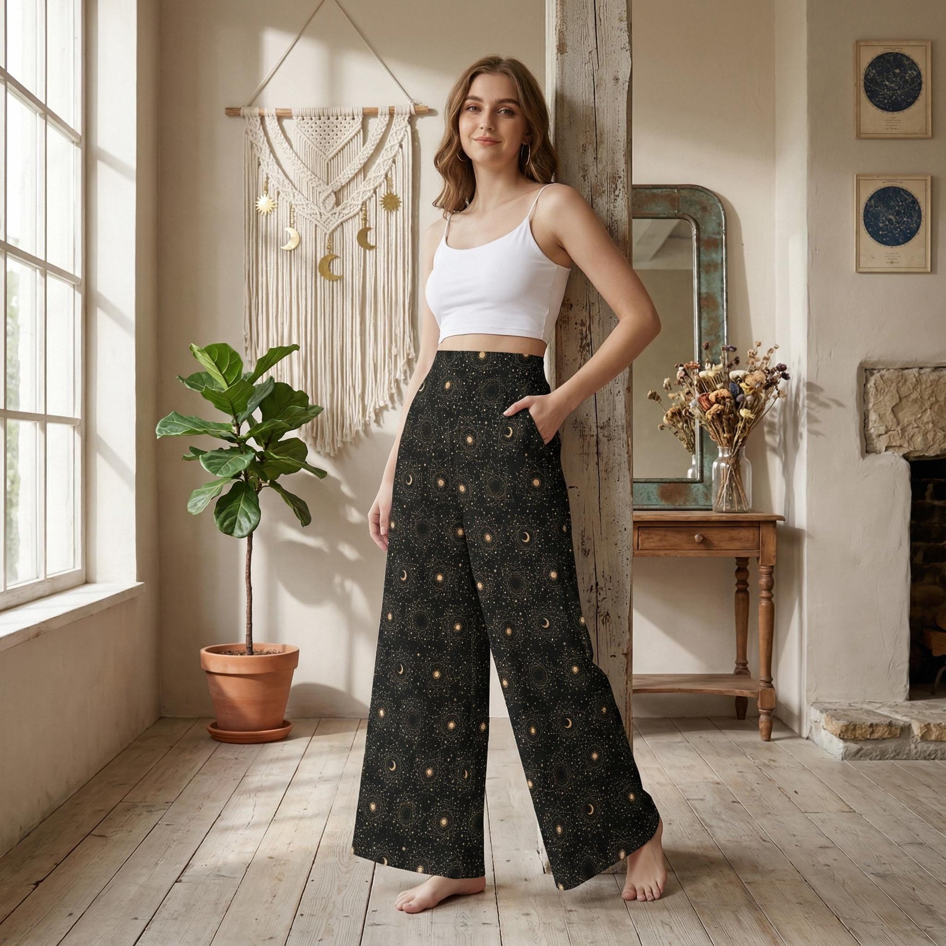 Women's Moon Phase Wide Leg Pants, Astrology Night Sky Trousers, Gold Star Print