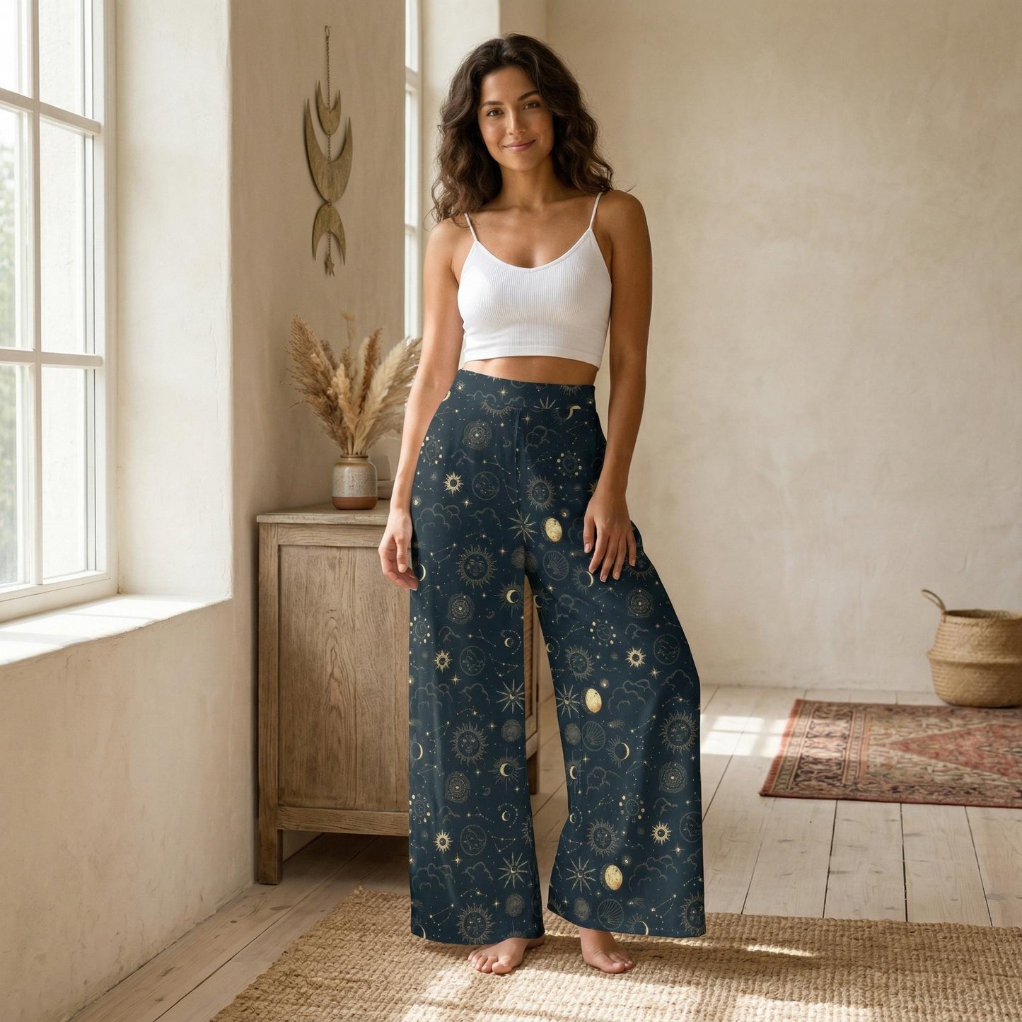 Navy Celestial Sun Moon Wide Leg Lounge Pants, Mystic Boho Trousers