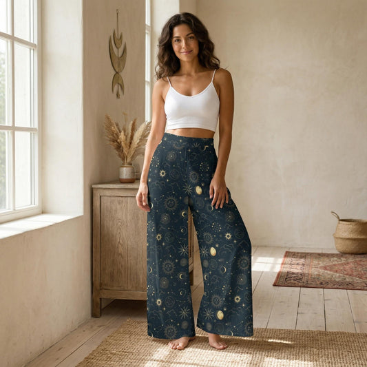 Navy Celestial Sun Moon Wide Leg Lounge Pants, Mystic Boho Trousers