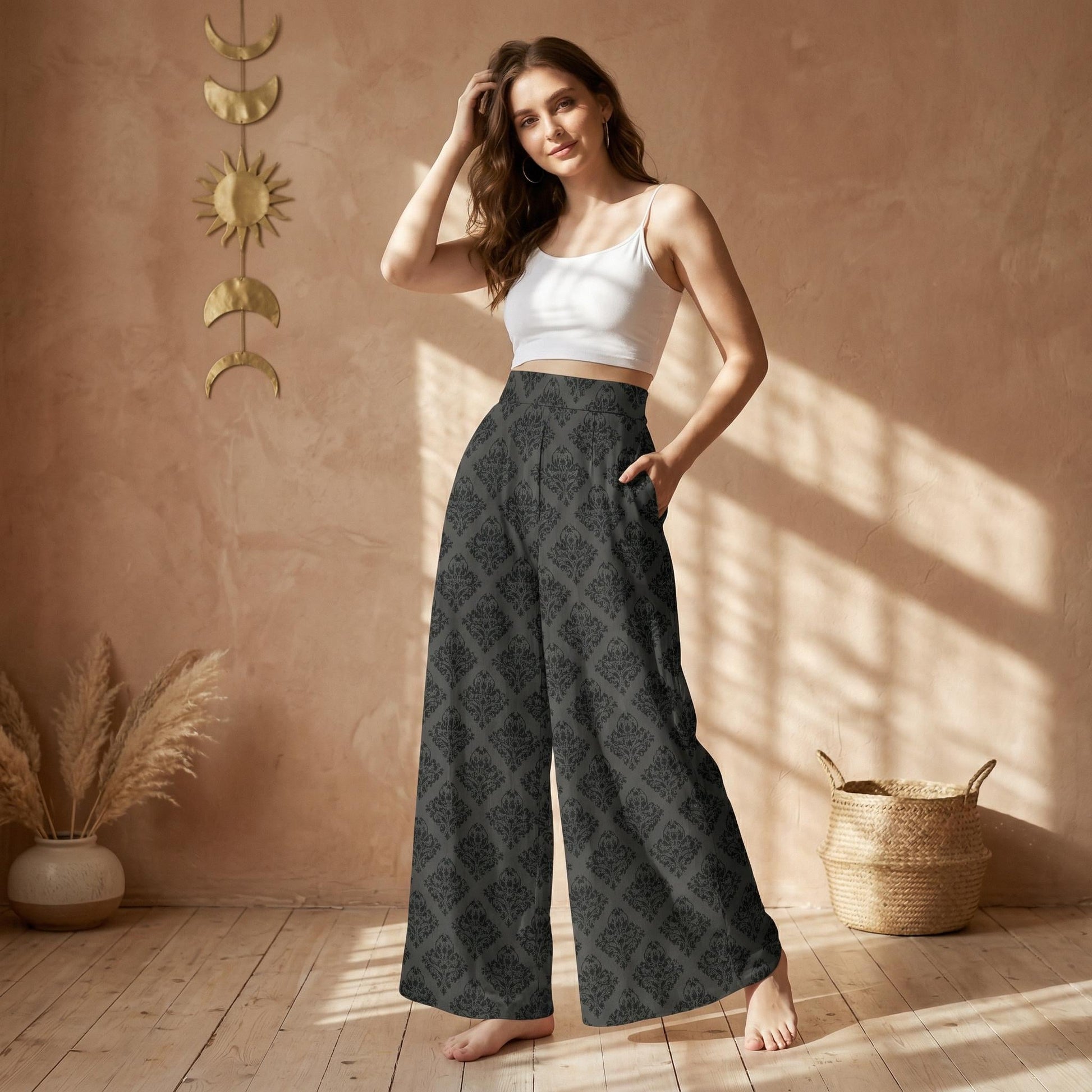 Gothic Damask Wide Leg Trousers, Charcoal Victorian Style Bottoms
