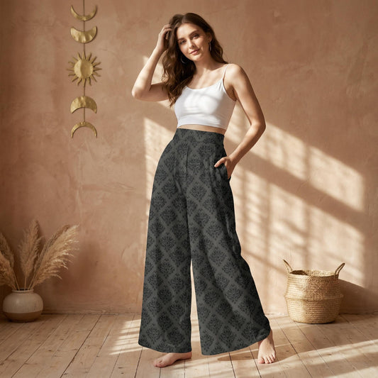 Gothic Damask Wide Leg Trousers, Charcoal Victorian Style Bottoms