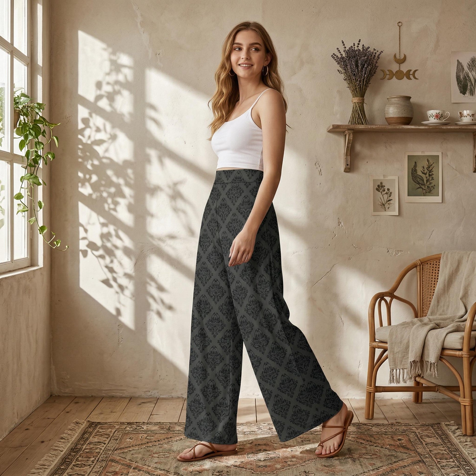 Gothic Damask Wide Leg Trousers, Charcoal Victorian Style Bottoms