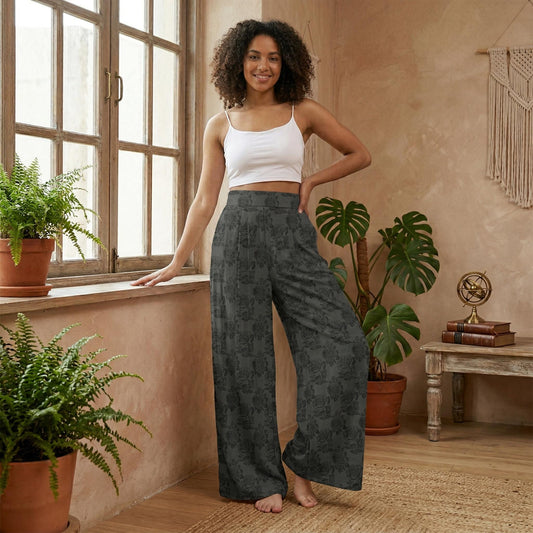 Gothic Floral Wide Leg Pants, Charcoal Rose High Waist Trousers