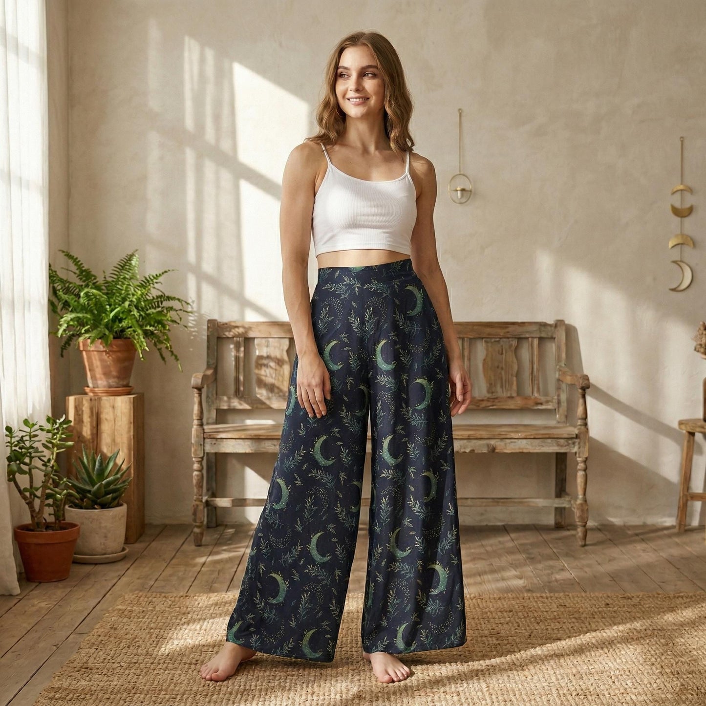 Crescent Moon Botanical Wide Leg Pants, High Waist Mystical Nature Trousers