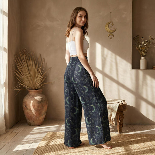 Crescent Moon Botanical Wide Leg Pants, High Waist Mystical Nature Trousers