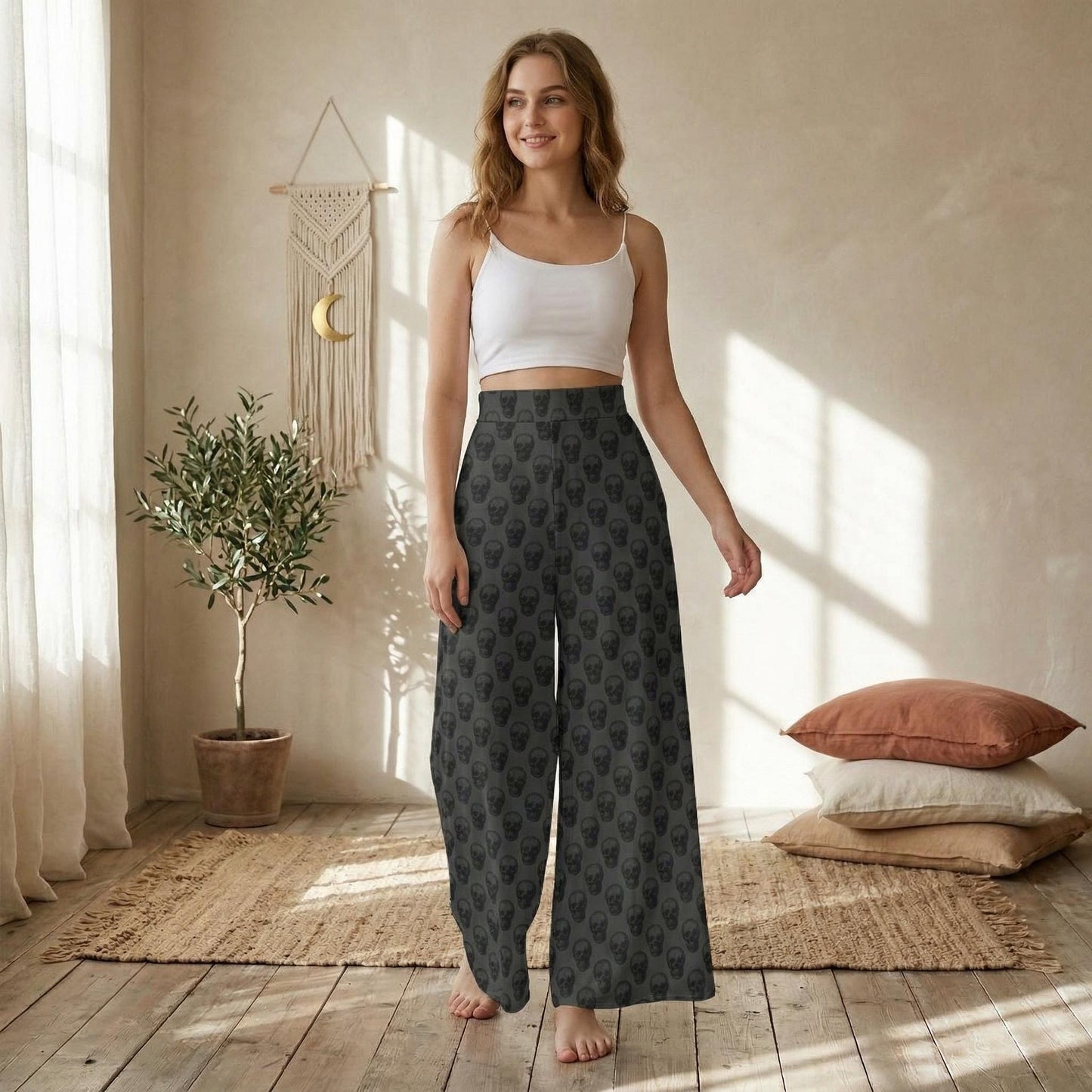 Goth Skull Print Wide Leg Pants, High Waist Trousers, Dark Bottoms