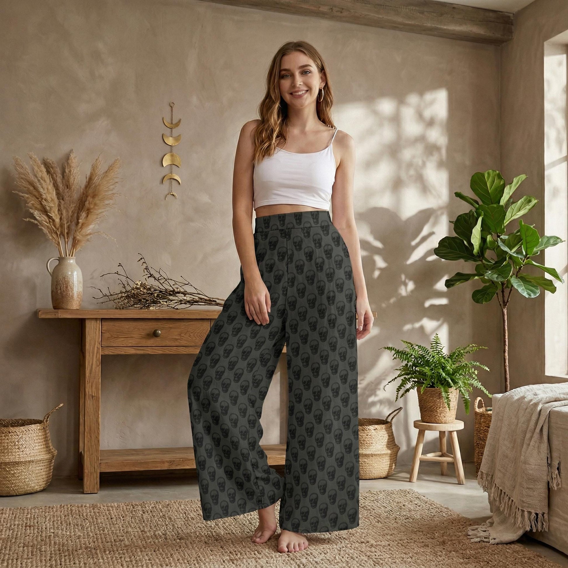 Goth Skull Print Wide Leg Pants, High Waist Trousers, Dark Bottoms