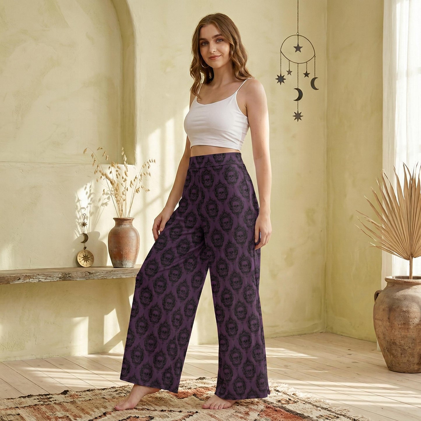 Purple Floral Skull Wide Leg Pants, Victorian Baroque Trousers, Dark Romantic Outfit Bottoms