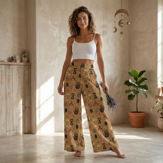 Celestial Tarot Wide Leg Trousers, Mystic Moon Moth Boho Print Lounge Wear