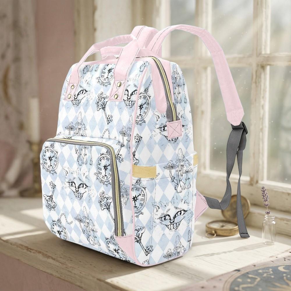 Storybook Diaper Bag Backpack, Pastel Clock Cat Print, Whimsical Mom Travel Bag