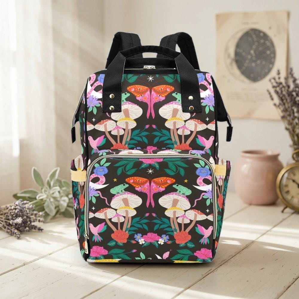 Woodland Moth Mushroom Diaper Backpack, Cottagecore Floral Baby Bag, Organizer Travel Bag