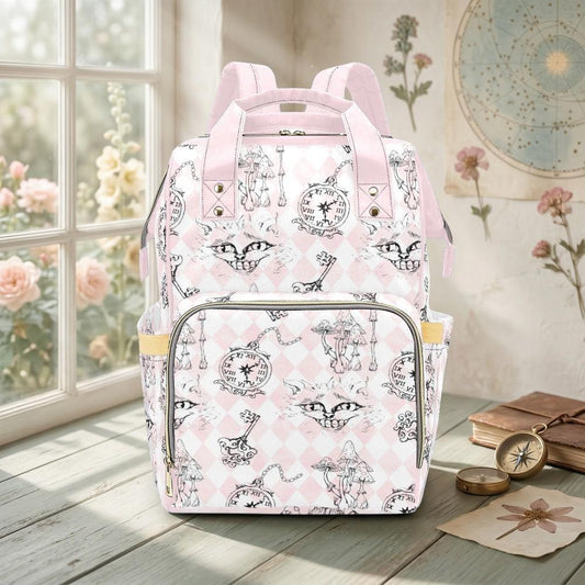 Pink Diaper Backpack, Wonderland Cat Clock Key Print Mommy Bag, Pastel Nursery Travel Bag