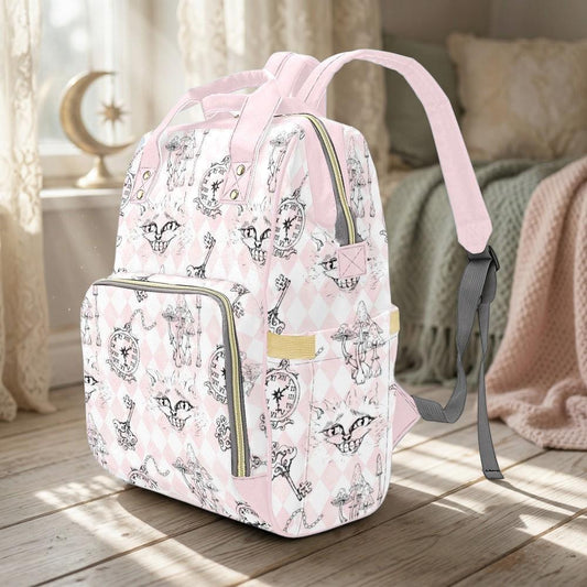 Pink Diaper Backpack, Wonderland Cat Clock Key Print Mommy Bag, Pastel Nursery Travel Bag