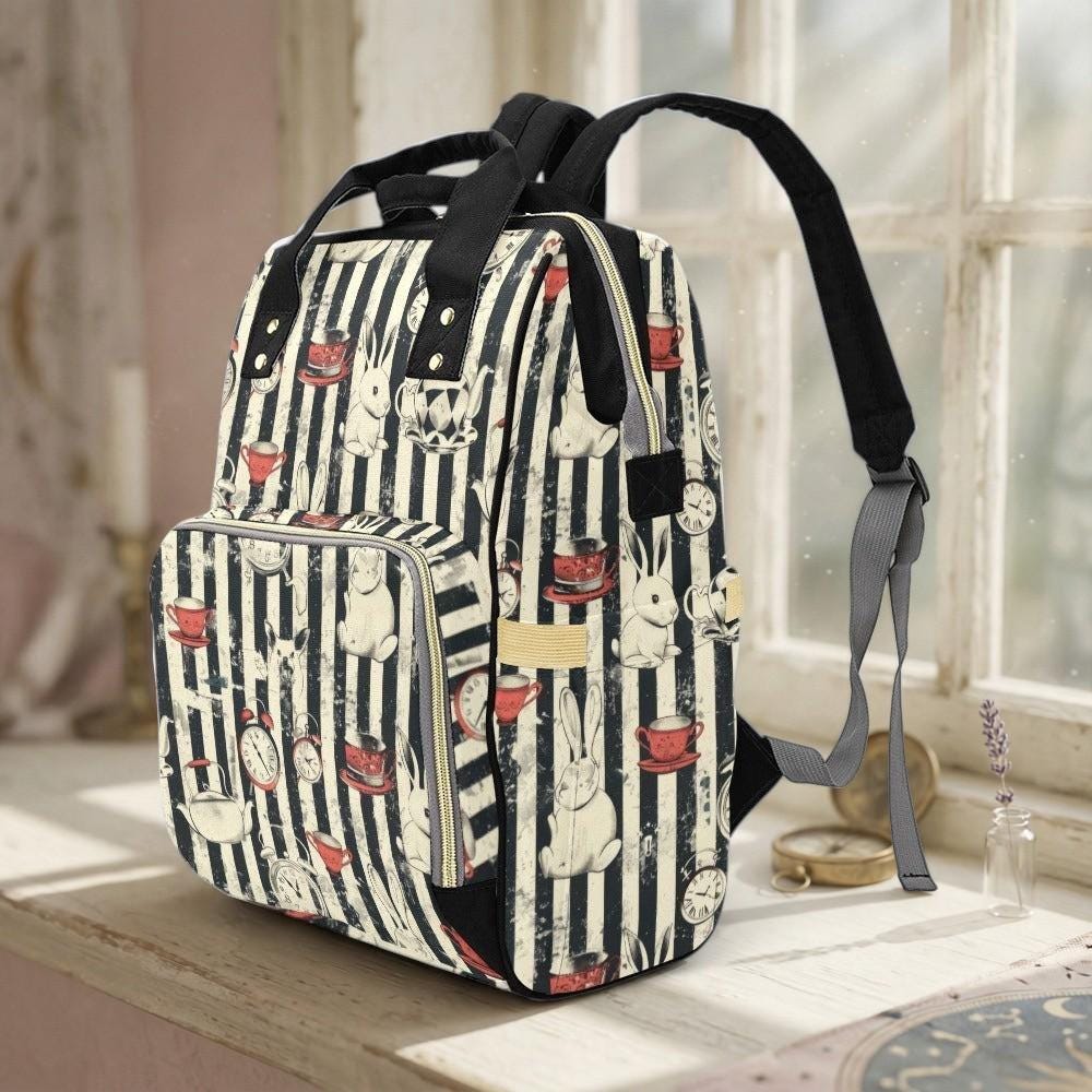 Gothic Tea Party Rabbit Diaper Bag Backpack, Whimsical Baby Travel Organizer