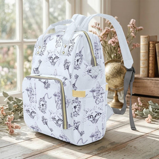 Pastel Diaper Bag Backpack, Whimsical Cat Clock Sketch Print, Baby Travel Bag