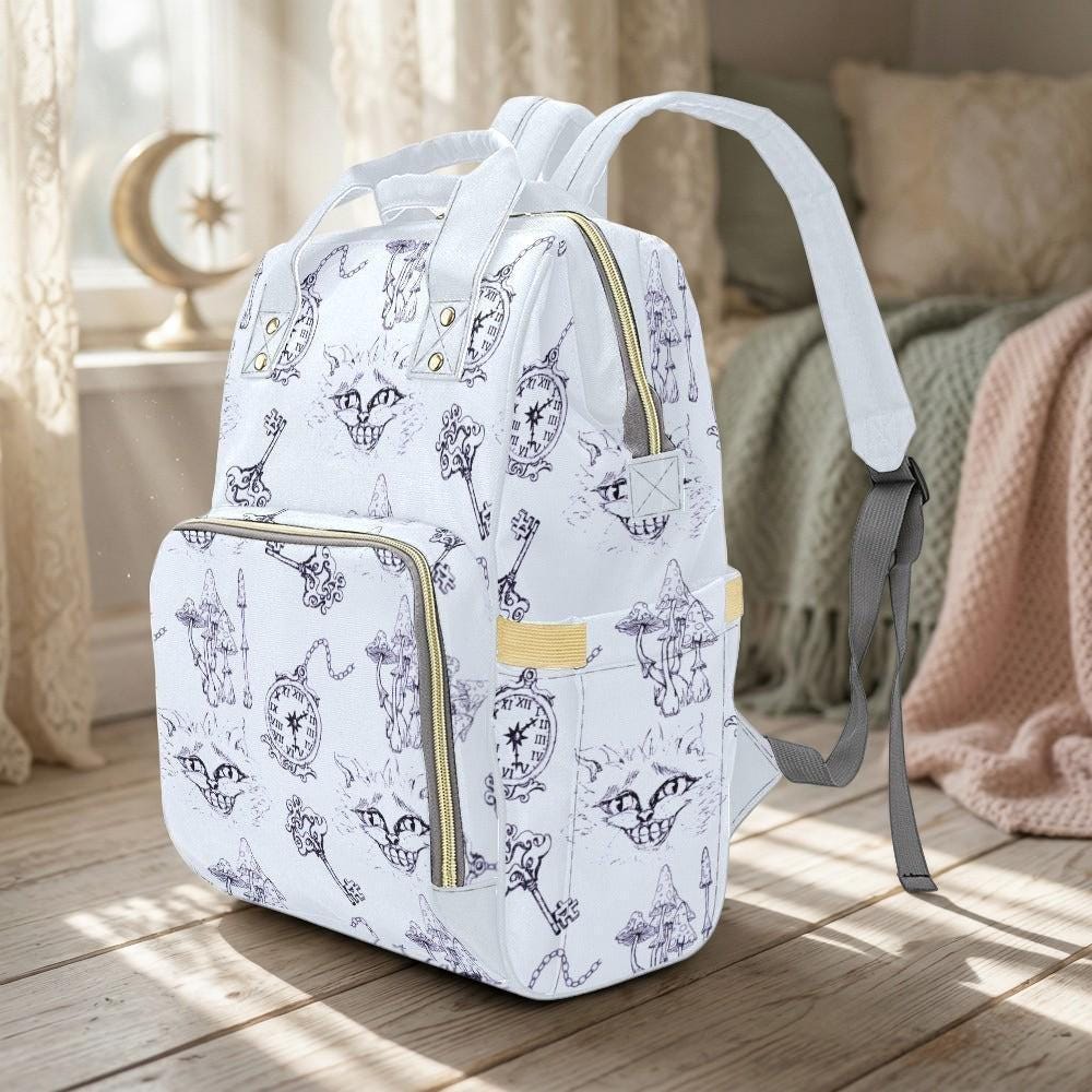 Pastel Diaper Bag Backpack, Whimsical Cat Clock Sketch Print, Baby Travel Bag