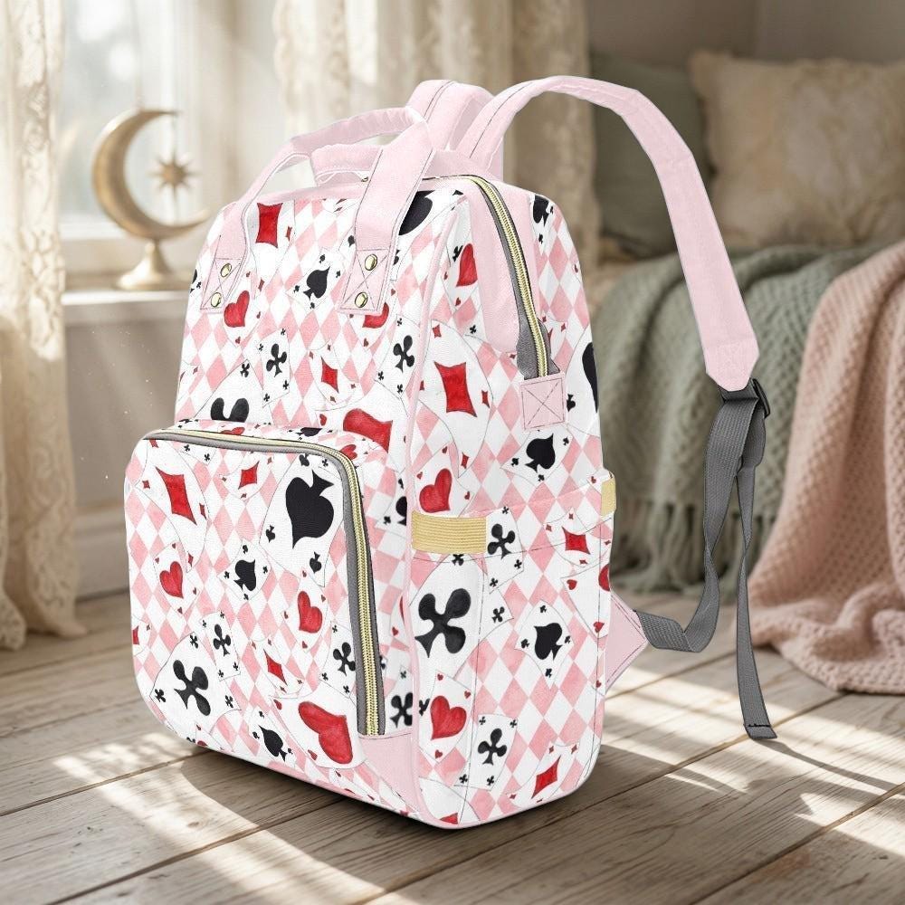 Pink Diaper Backpack, Card Print Baby Bag, Argyle Nursery Organizer, Heart Suit Travel Backpack