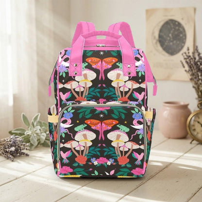 Pink Moth Mushroom Diaper Bag Backpack, Floral Baby Organizer, Forest Nursery Bag
