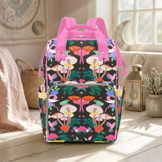 Pink Moth Mushroom Diaper Bag Backpack, Floral Baby Organizer, Forest Nursery Bag