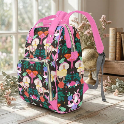 Pink Moth Mushroom Diaper Bag Backpack, Floral Baby Organizer, Forest Nursery Bag