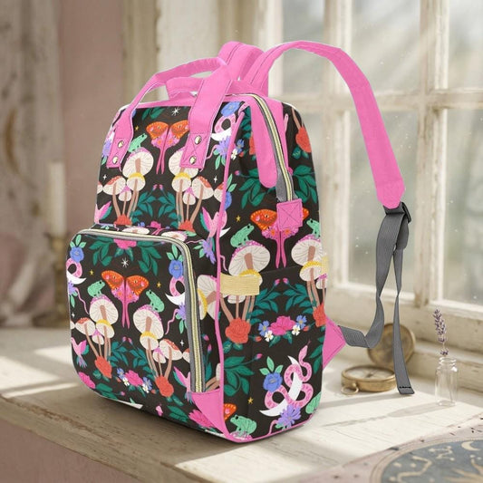 Pink Moth Mushroom Diaper Bag Backpack, Floral Baby Organizer, Forest Nursery Bag