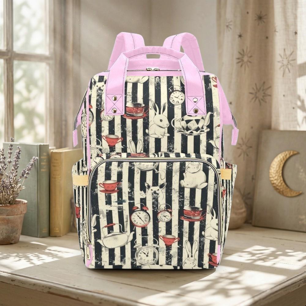 Pink Diaper Bag Backpack, Whimsical Tea Room Rabbit Print, Baby Travel Organizer
