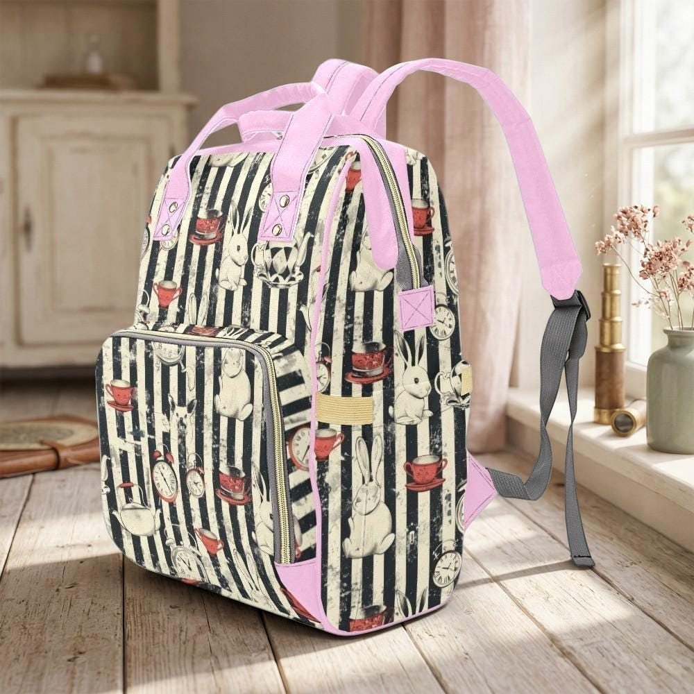 Pink Diaper Bag Backpack, Whimsical Tea Room Rabbit Print, Baby Travel Organizer