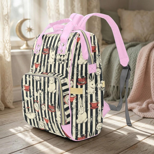 Pink Diaper Bag Backpack, Whimsical Tea Room Rabbit Print, Baby Travel Organizer