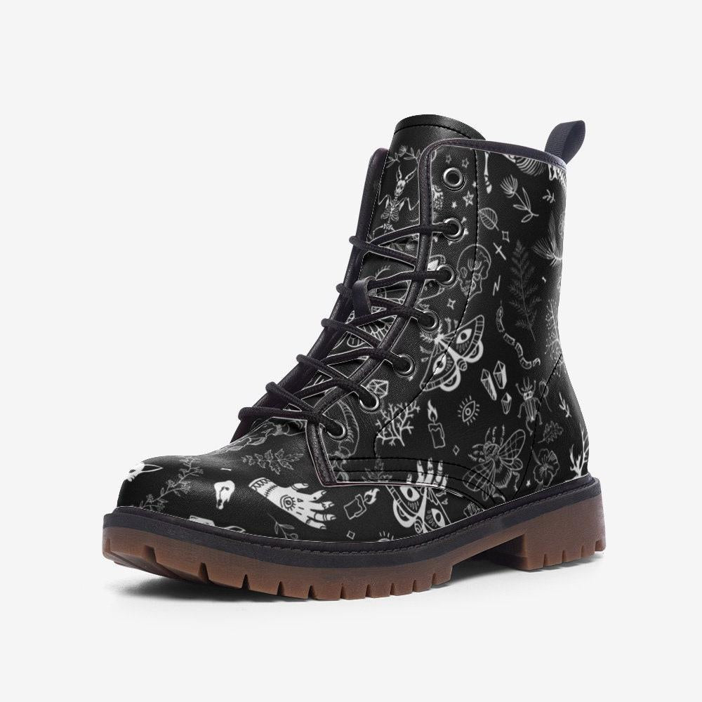 Goth Combat Boots with Occult Print, Witchy Lace Up Ankle Boots, Alternative Festival Shoes