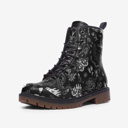 Goth Combat Boots with Occult Print, Witchy Lace Up Ankle Boots, Alternative Festival Shoes
