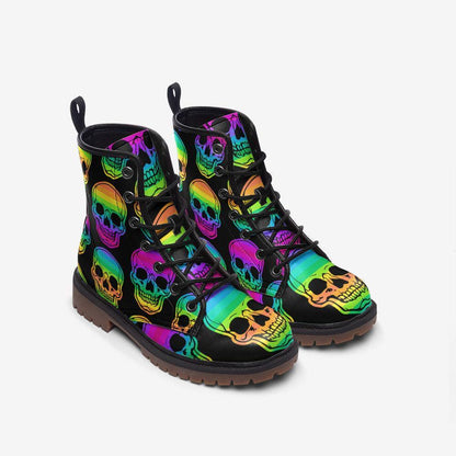 Rainbow Skull Combat Boots, Neon Punk Festival Shoes, Alternative Streetwear Footwear