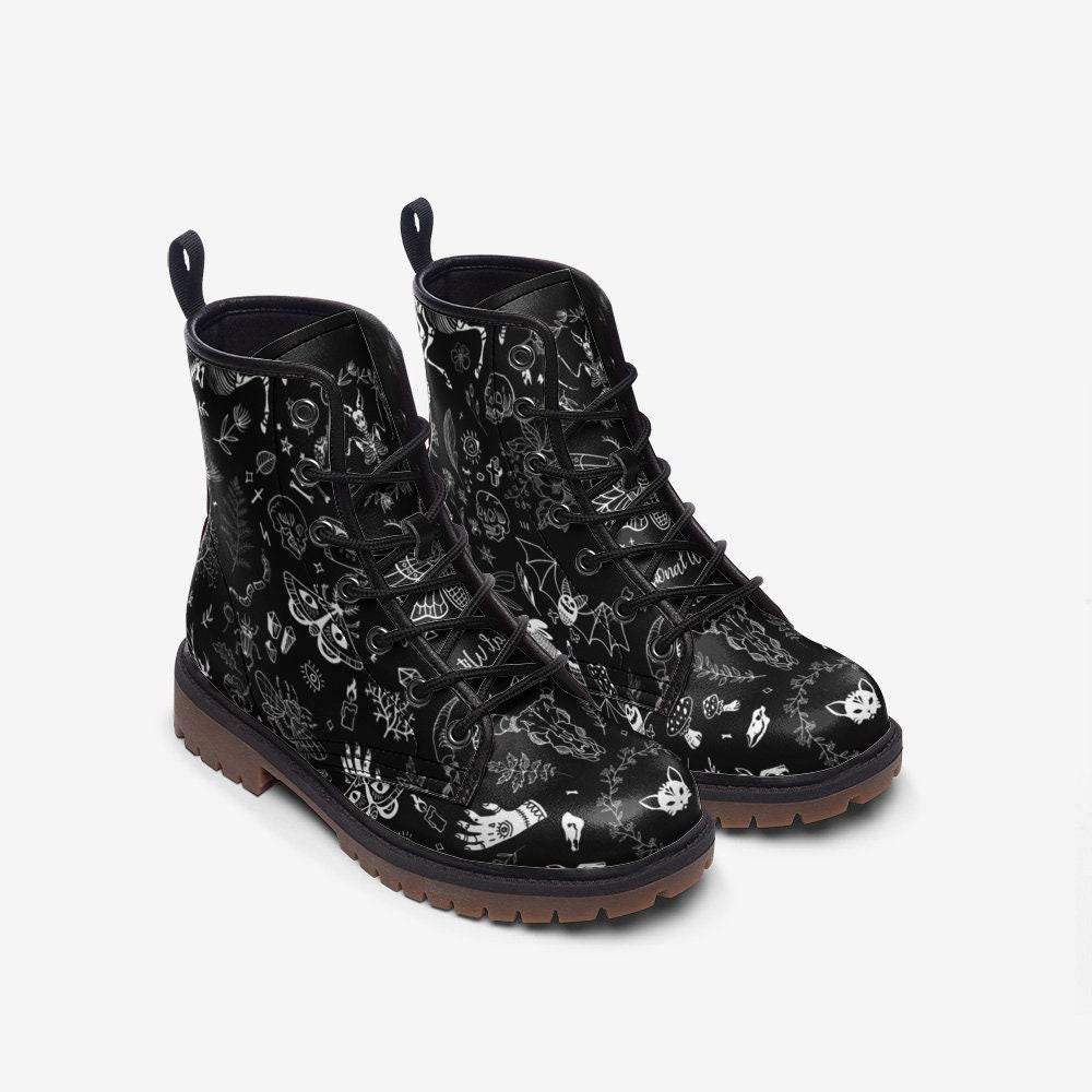 Goth Combat Boots with Occult Print, Witchy Lace Up Ankle Boots, Alternative Festival Shoes