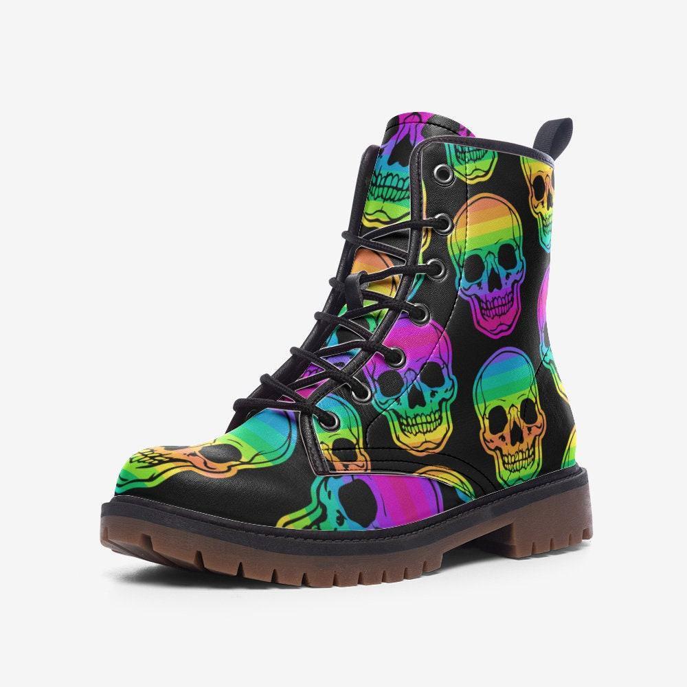 Rainbow Skull Combat Boots, Neon Punk Festival Shoes, Alternative Streetwear Footwear