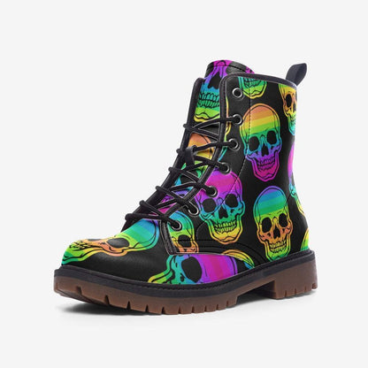 Rainbow Skull Combat Boots, Neon Punk Festival Shoes, Alternative Streetwear Footwear
