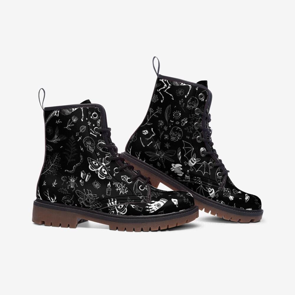 Goth Combat Boots with Occult Print, Witchy Lace Up Ankle Boots, Alternative Festival Shoes