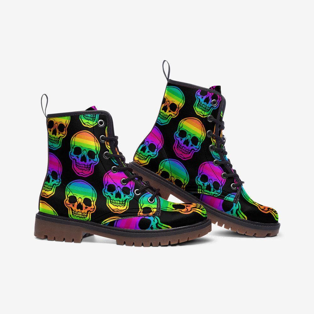 Rainbow Skull Combat Boots, Neon Punk Festival Shoes, Alternative Streetwear Footwear